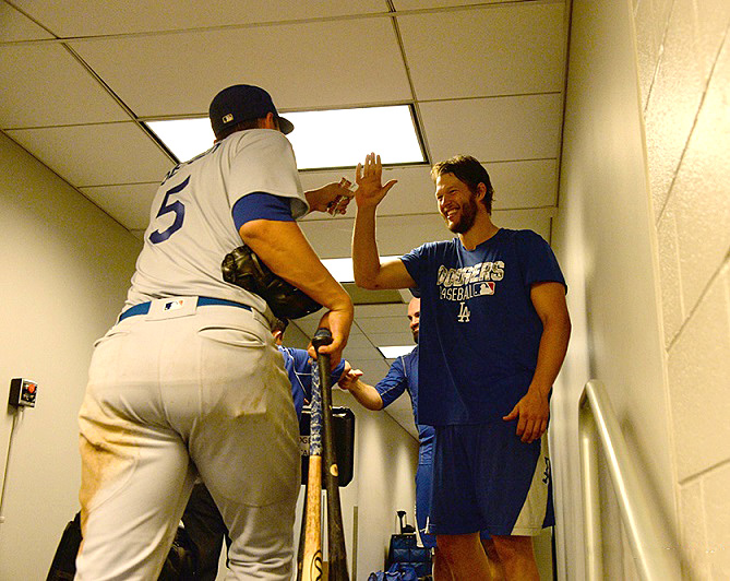 Kershaw was the first to congratulat Corey Seager after Sunday night's exciting 4-2 win over the Mets. (Photo credit - Jon SooHoo)