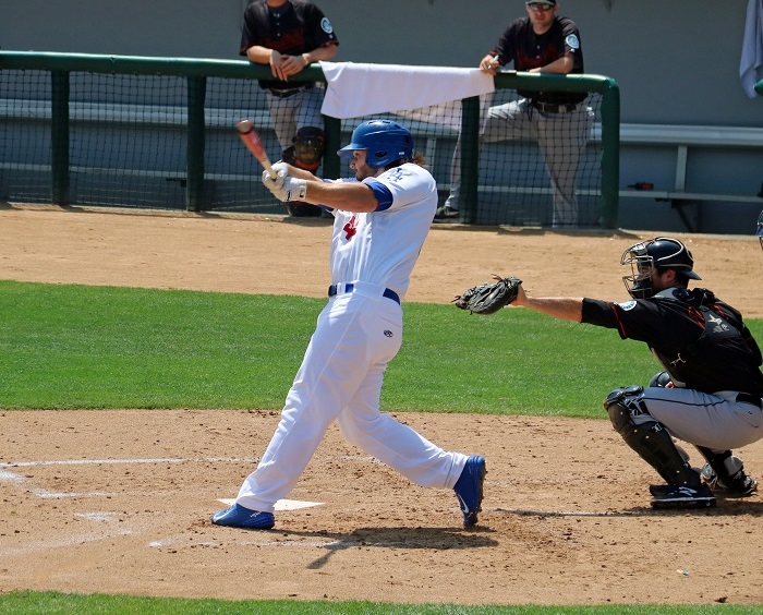 After chipping away at a 6-0 Blaze lead, outfielder Joey Curletta gave the Quakes a 10-8 lead with his three-RBI double in the seventh inning. (Photo credit - Ron Cervenka)