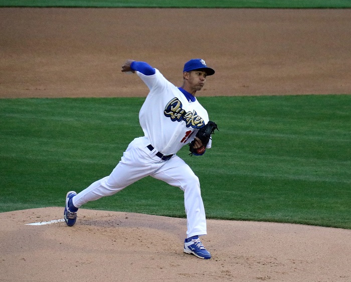 Dodgers top Cuban pitching prospect Yaisel Sierra also had a big night on Tuesday, allowing no runs and only two hits with three walks and three strikeouts in his six innings of work. It was the 24-year-old right-hander's best outing as a professional. (Photo credit - Ron Cervenka)