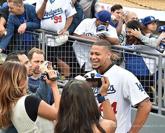 Frankie Montas being interviewed during the Dodgers annual FanFest event on January 30, 2016. (Photo credit - Jon SooHoo)