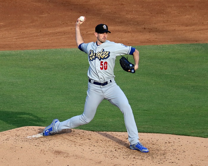 McCarthy looked very sharp in his first rehab start with the Rancho Cucamonga Quakes on June 11. (Photo credit - Ron Cervenka)