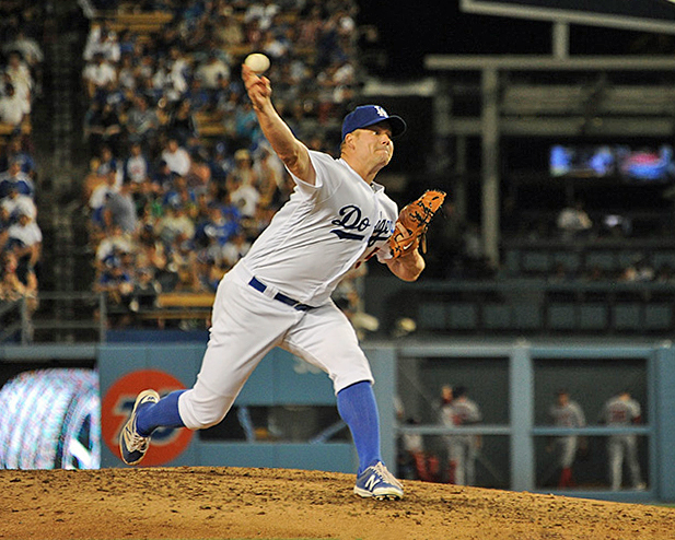 While Kershaw and Jansen deserve most of the credit for Monday night's historic game, Dodgers right-hander Joe Blanton set the stage for it against the Nationals best hitters. (Photo credit - Jon SooHoo)
