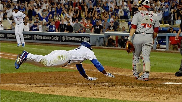 Although it wasn't technically an inside-the-park home run, Puig's dramatic walk-off hits on Wednesday night was nonetheless dramatic. (Photo credit - Jon SooHoo)