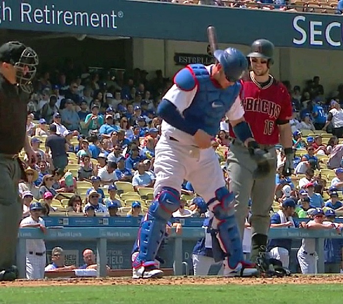 Once the trapped ball fell out from behind Grandal's chest protector, there were confused looks on a lot of faces. Home plate umpire Todd Tachenor was not among them. (Video capture courtesy of SportsNet LA)