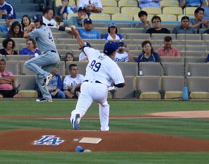 although Ryu touched 91 and 91-MPH with his fastball a few times, most of his fastballs were in the 88-89-MPH range, which is a risky proposition against most major league hitters. (Photo credit - Ron Cervenka)