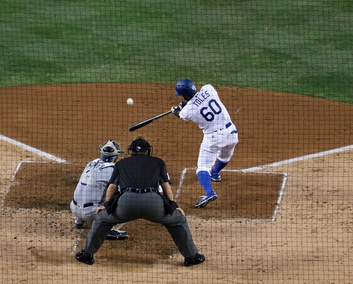 It took only one pitch in his first major league at-bat for Dodgers rookie outfielder Andrew Toles to show why he had a .300+ batting average at Advanced Single-A, Double-A and Triple-A this season. (Photo credit - Ron Cervenka) 