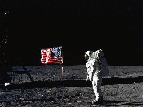 American astronaut Neil Armstrong was the first man to set foot on the moon on July 20, 1969. He was ptotographed here by fellow astronaut Buzz Aldrin, the second man on the moon. (NASA photo)