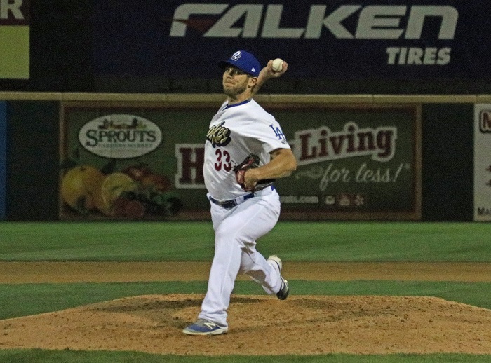 Although Dodgers right-hander Casey Fien allowed hits to the first two batters he faced on Thursday night, he escaped his one inning of work without giving up a run while recording two strikeouts. (Photo credit - Ron Cervenka)