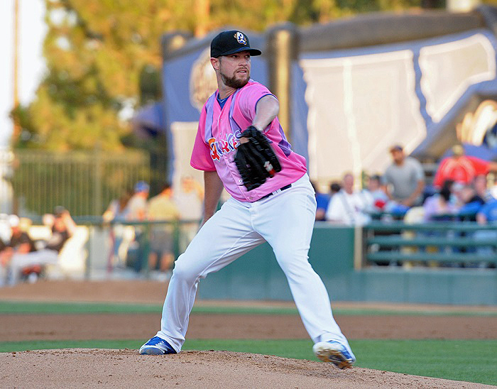 Norris was so effective with the Quakes on Saturday evening that he will start for the Dodgers this Thursday in Philadelphia. Norris is seen here wearing his Dora the Explorer jersey worn by all Quakes players on Saturday. (Photo credit - Steve Saenz)