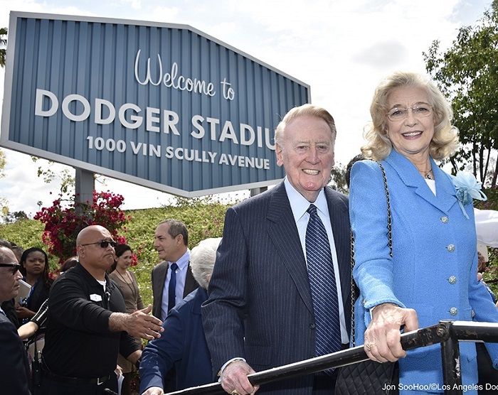 Vin and Sandi Scully at the Vin Scully Avenue Dedication on April 11, 2016. (Photo credit - Jon SooHoo)