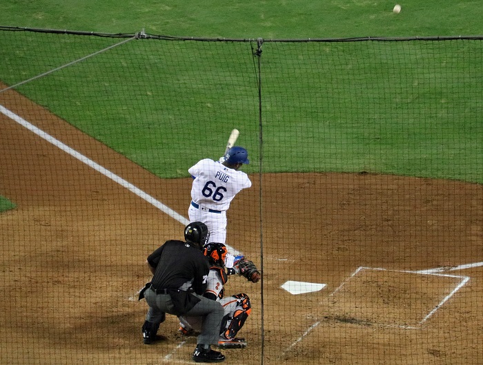 Puig's first-inning three-run home run was only the beginning of what would prove to be (another) epic night for the Dodgers outfielder. (Photo credit - Ron Cervenka)
