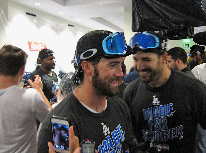 Culberson talks with reporters during the Dodgers celebration of clinching their fourth consecutive NL West title for the first time in franchise history. (Photo credit - Ron Cervenka)