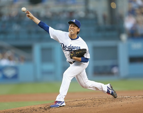 Maeda was absolutely brilliant on Monday evening. At one point he retired 18 consecutive Dback hitters. (Photo credit - Stephen Dunn)
