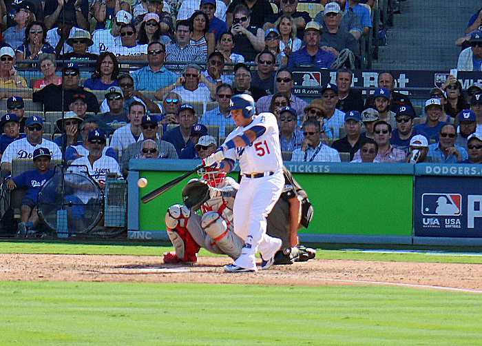 For a brief moment on Monday afternoon, it appeared that Carlos Ruiz's dramatic fifth-inning pinch-hit home run was going to be the defining moment of the 2016 NLDS for the Dodgers. Unfortunately, they never scored again after than in the eventual devastating 8-3 loss to the Nationals. (Photo credit - Ron Cervenka)