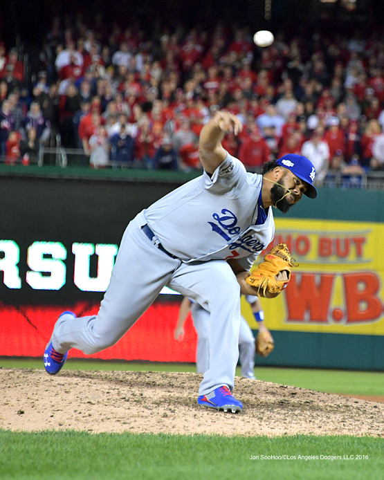Although Dodgers closer Kenley Jansen needed help from Kershaw to clinch the 2016 NLDS, his incredible 2.1 innings of scoreless relief and 51 pitches can only be described at gutsy. (Photo credit - Jon SooHoo)