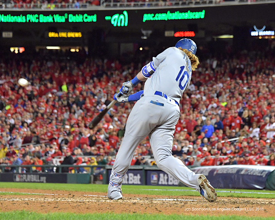 Justin Turner's two-RBI triple in the seventh inning was the biggest of the Dodgers' eight hits on the night against the Nationals. (Photo credit - Jon SooHoo)