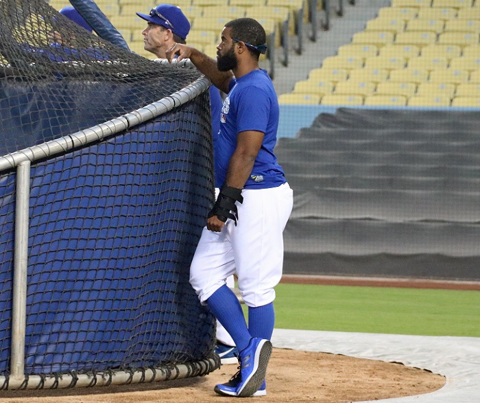 Sporting a wrist brace, Dodgers rookie outfielder Andrew Toles was the only player on the NLDS roster not to take batting practice on Tuesday afternoon. (Photo credit - Ron Cervenka)