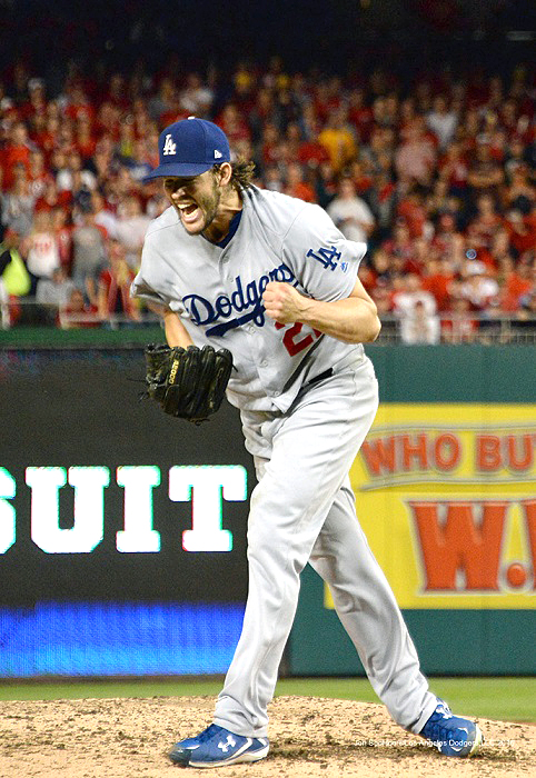 Kershaw with a rare show of emotion after striking out Nationals shortstop Danny Espinoza to end the fifth inning, leaving runners stranded at the corners. (Photo credit - Jon SooHoo)