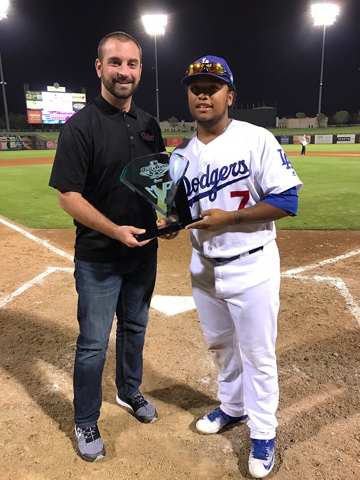 Calhoun is presented with the 2016 Bowman Most Valuable Player Award. (Photo courtesy of Arizona Fall League)